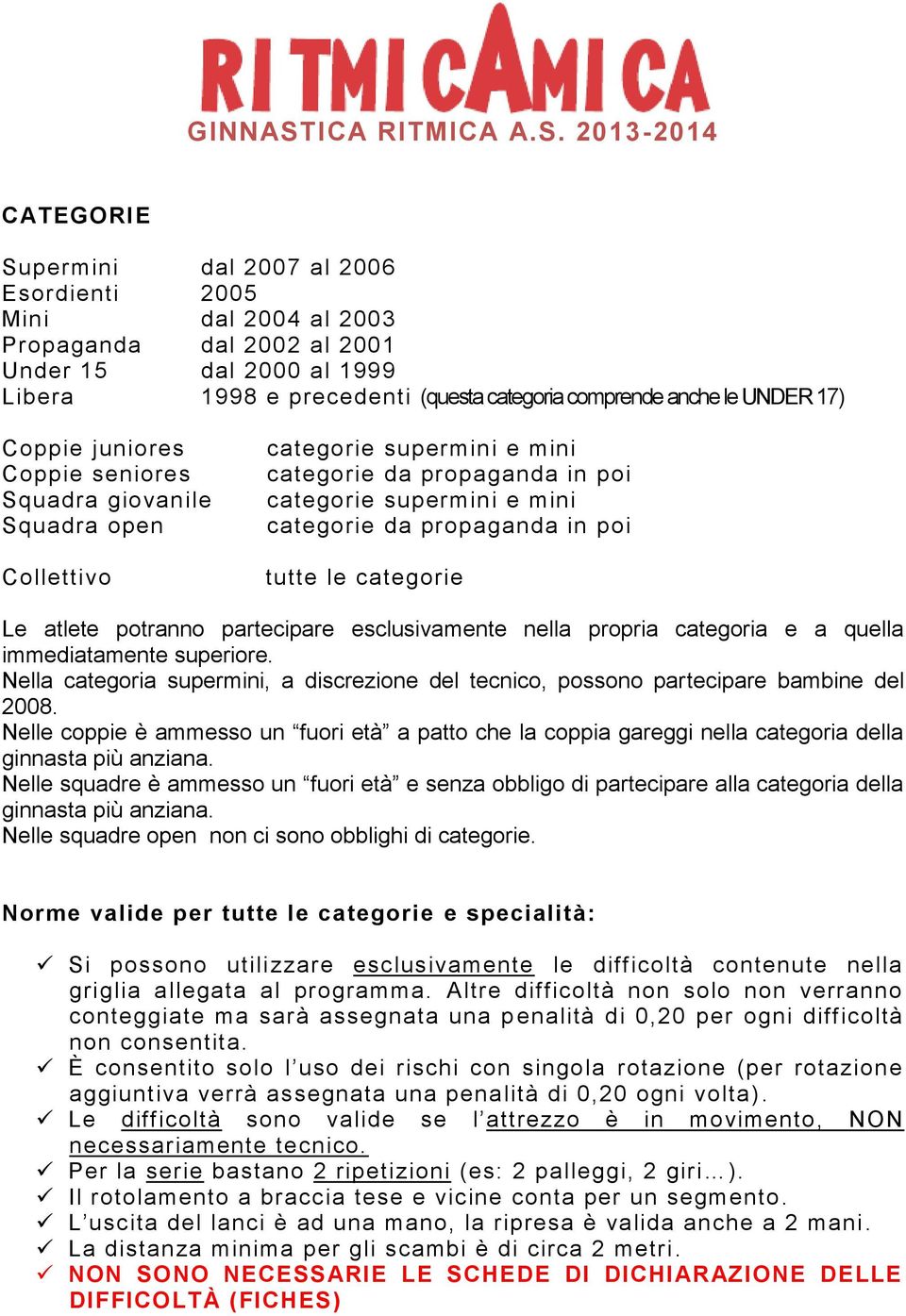 2013-2014 CATEGORIE Supermini dal 2007 al 2006 Esordienti 2005 Mini dal 2004 al 2003 Propaganda dal 2002 al 2001 Under 15 dal 2000 al 1999 Libera 1998 e precedenti (questa categoria comprende anche