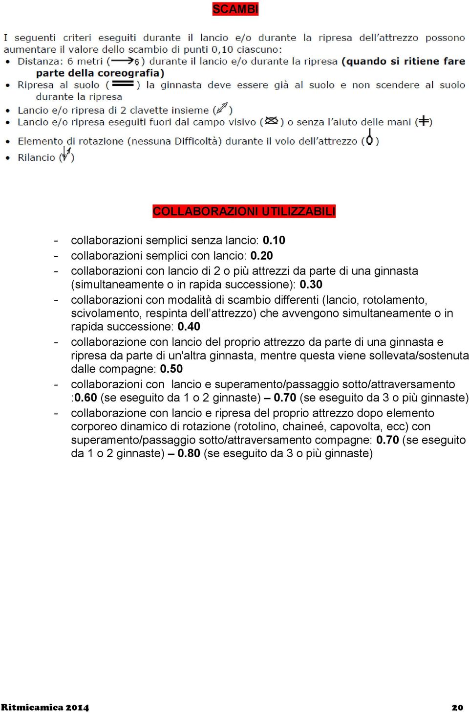 30 - collaborazioni con modalità di scambio differenti (lancio, rotolamento, scivolamento, respinta dell attrezzo) che avvengono simultaneamente o in rapida successione: 0.