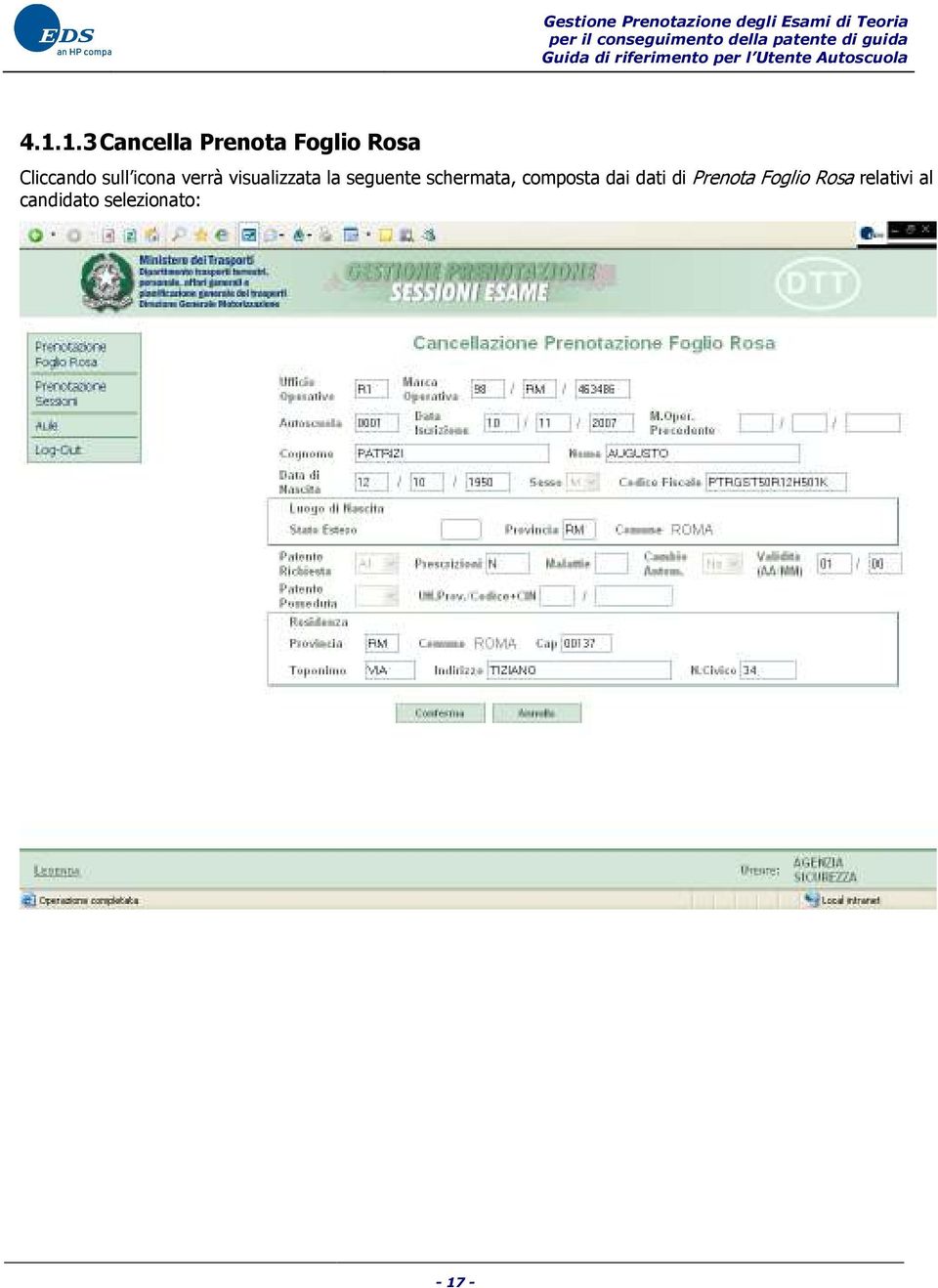 seguente schermata, composta dai dati di