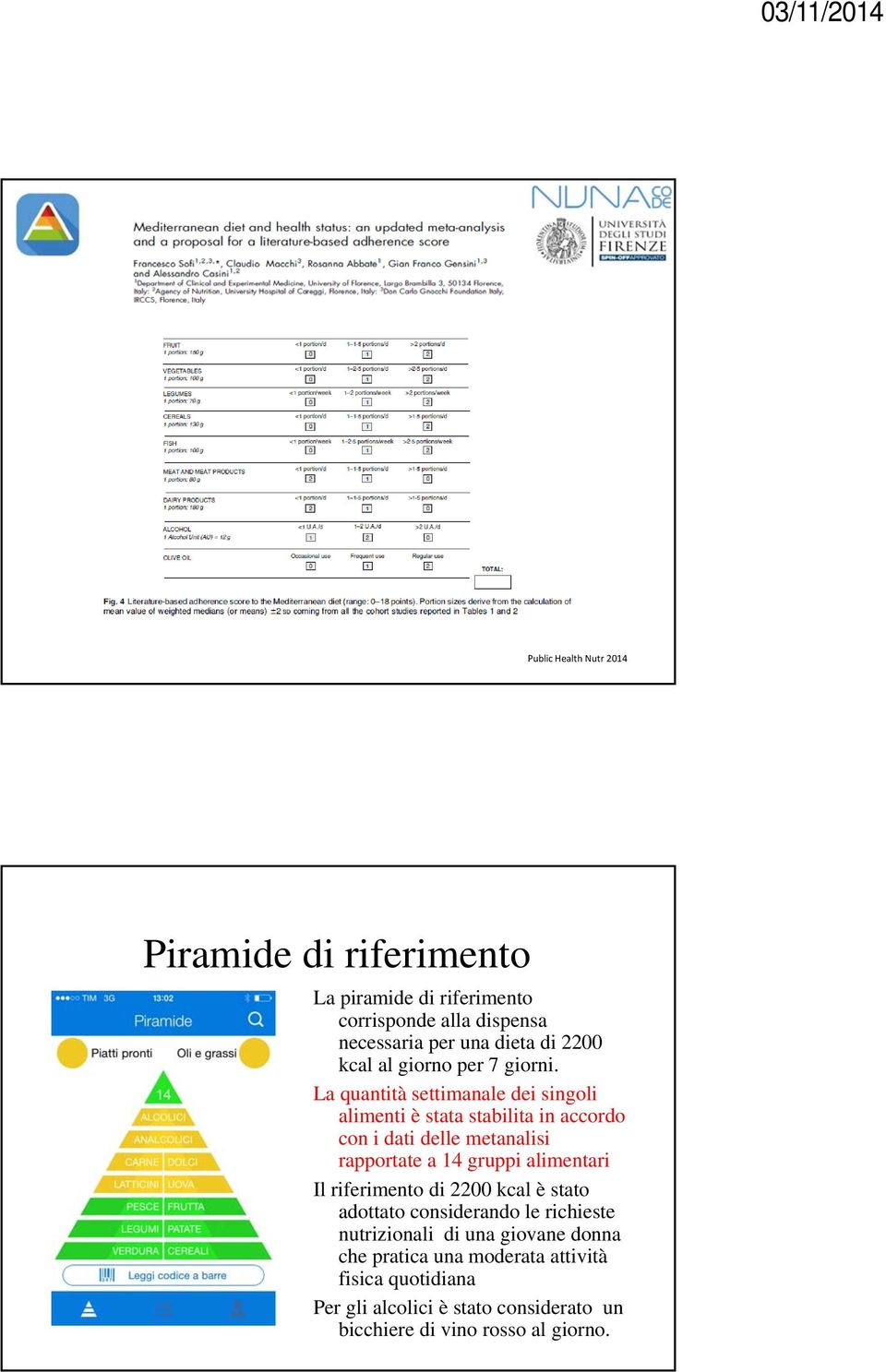 La quantità settimanale dei singoli alimenti è stata stabilita in accordo con i dati delle metanalisi rapportate a 14 gruppi