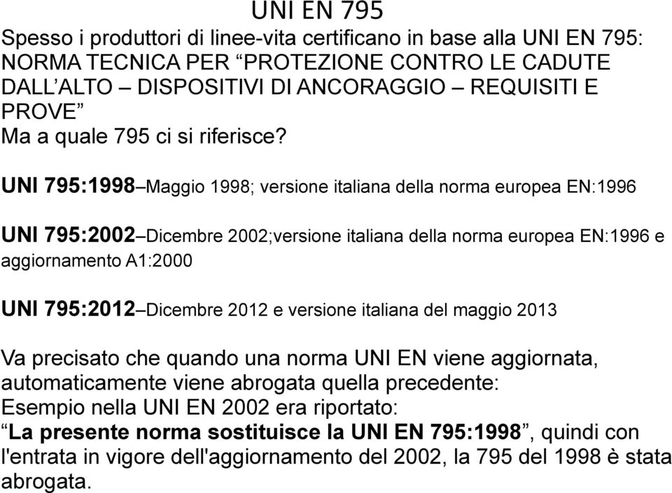 UNI 795:1998 Maggio 1998; versione italiana della norma europea EN:1996 UNI 795:2002 Dicembre 2002;versione italiana della norma europea EN:1996 e aggiornamento A1:2000 UNI 795:2012