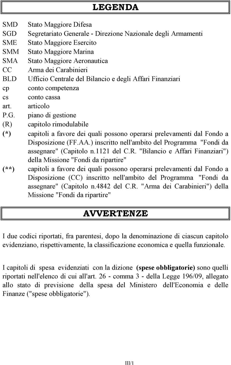 operarsi prelevamenti dal Fondo a Disposizione (FF.AA.) inscritto nell'ambito del Programma "Fondi da assegnare" (Capitolo n.1121 del C.R.