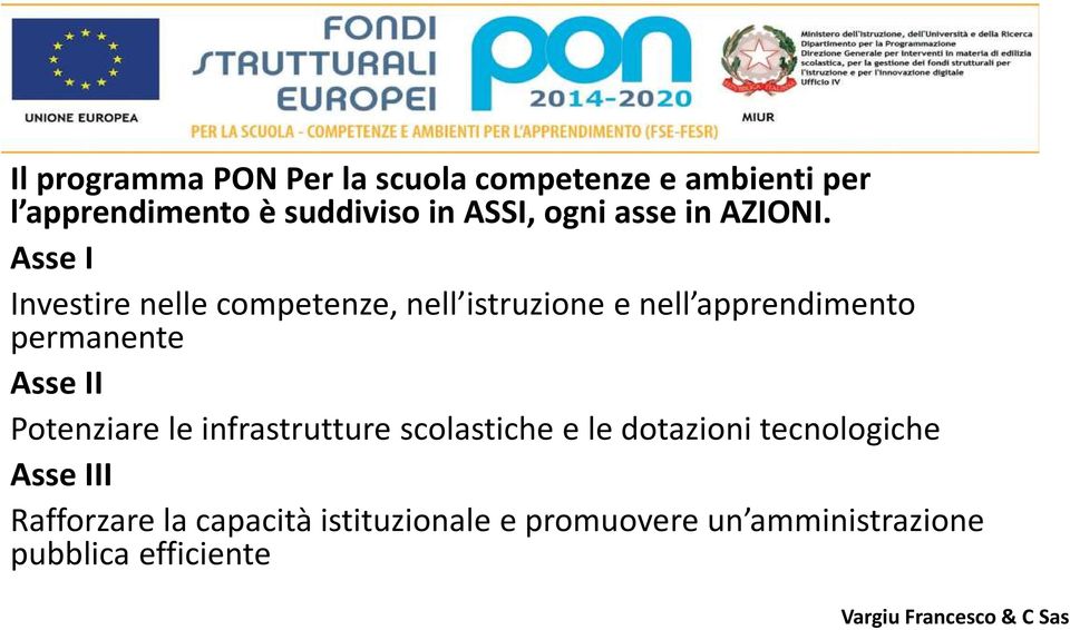 Asse I Investire nelle competenze, nell istruzione e nell apprendimento permanente Asse II