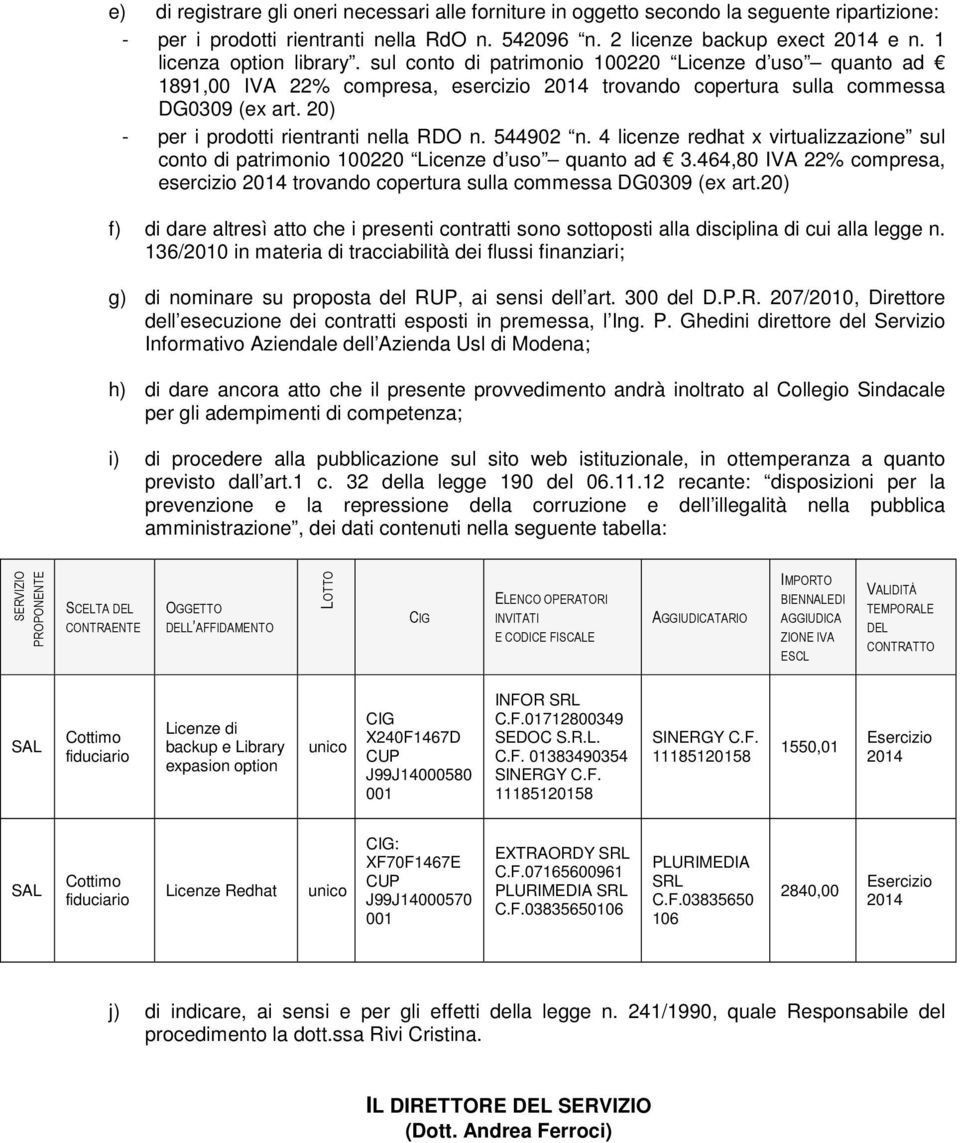 20) - per i prodotti rientranti nella RDO n. 544902 n. 4 licenze redhat x virtualizzazione sul conto di patrimonio 100220 Licenze d uso quanto ad 3.