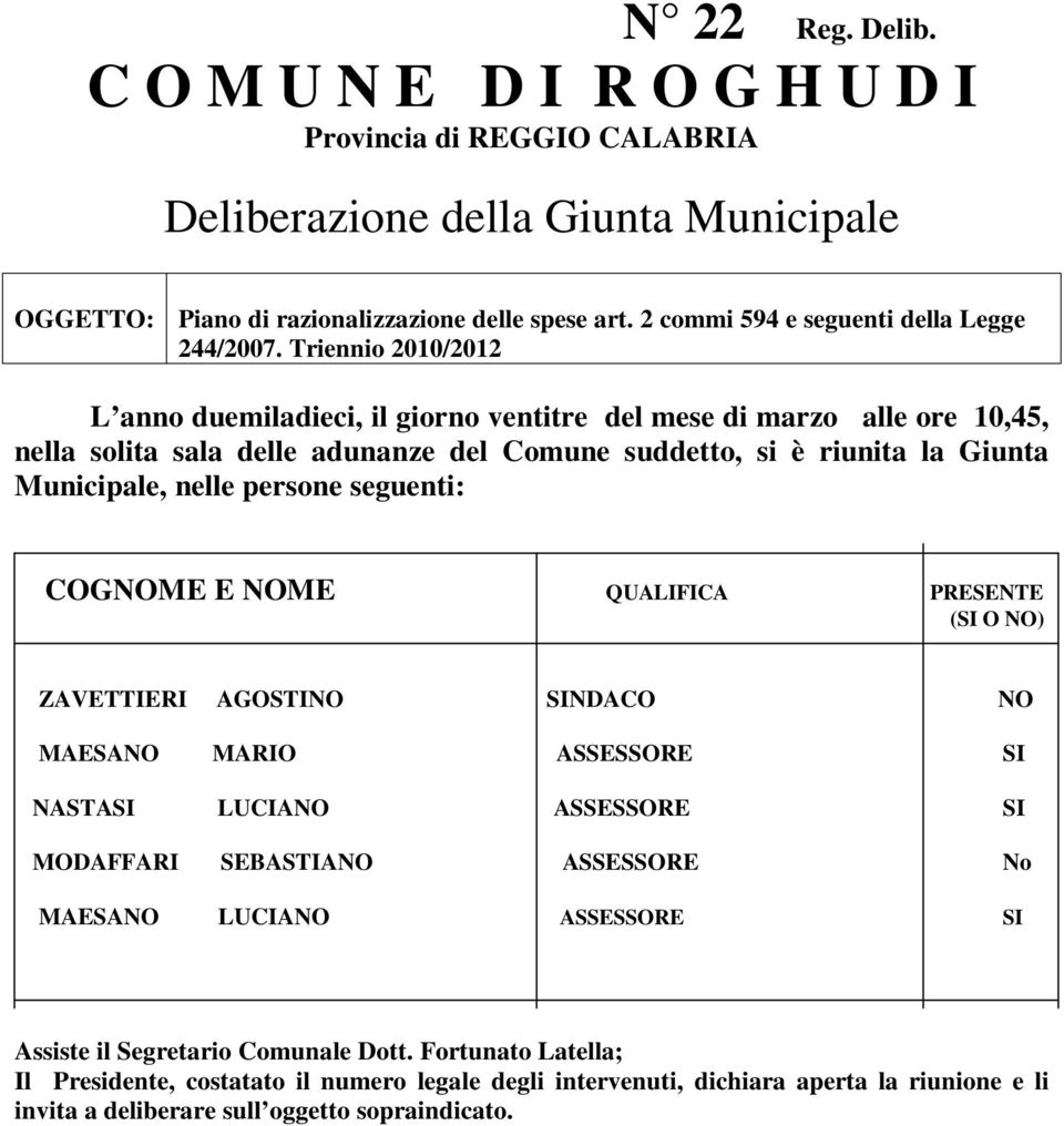 Triennio 2010/2012 L anno duemiladieci, il giorno ventitre del mese di marzo alle ore 10,45, nella solita sala delle adunanze del Comune suddetto, si è riunita la Giunta Municipale, nelle persone