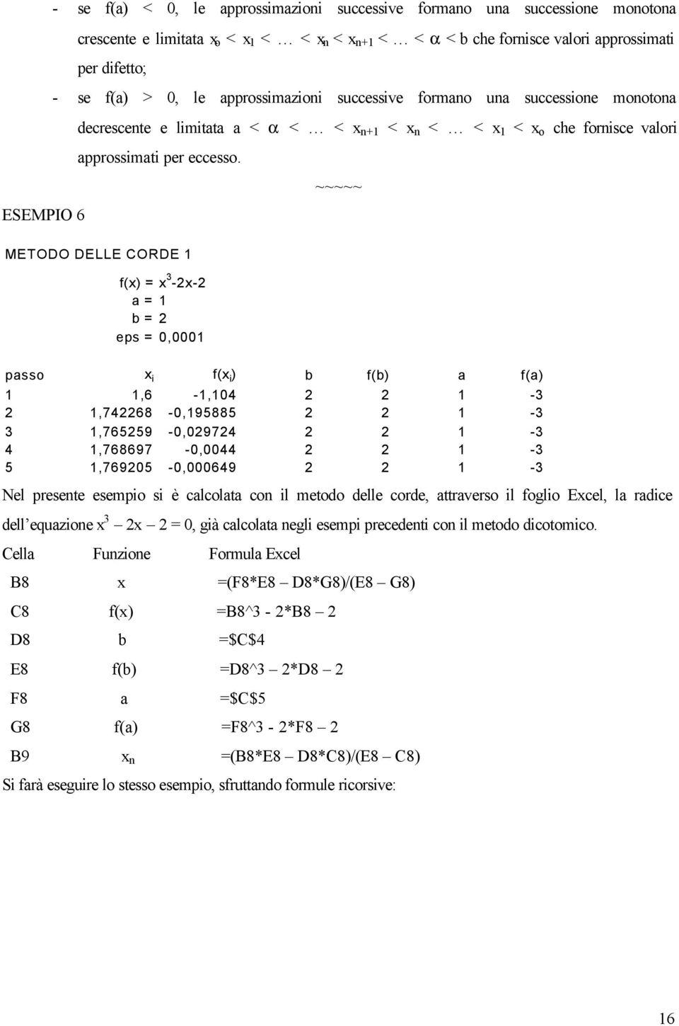~~~~~ ESEMPIO 6 METODO DELLE CORDE 1 f(x) = x 3-2x-2 a = 1 b = 2 eps = 0,0001 passo x i f(x i ) b f(b) a f(a) 1 1,6-1,104 2 2 1-3 2 1,742268-0,195885 2 2 1-3 3 1,765259-0,029724 2 2 1-3 4