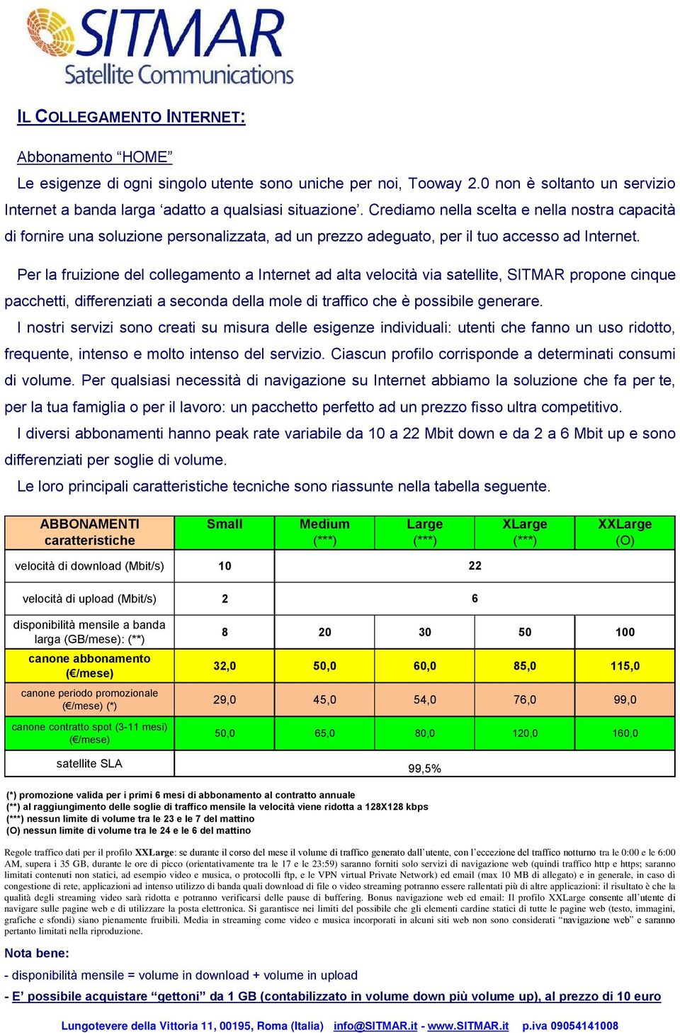 Per la fruizione del collegamento a Internet ad alta velocità via satellite, SITMAR propone cinque pacchetti, differenziati a seconda della mole di traffico che è possibile generare.