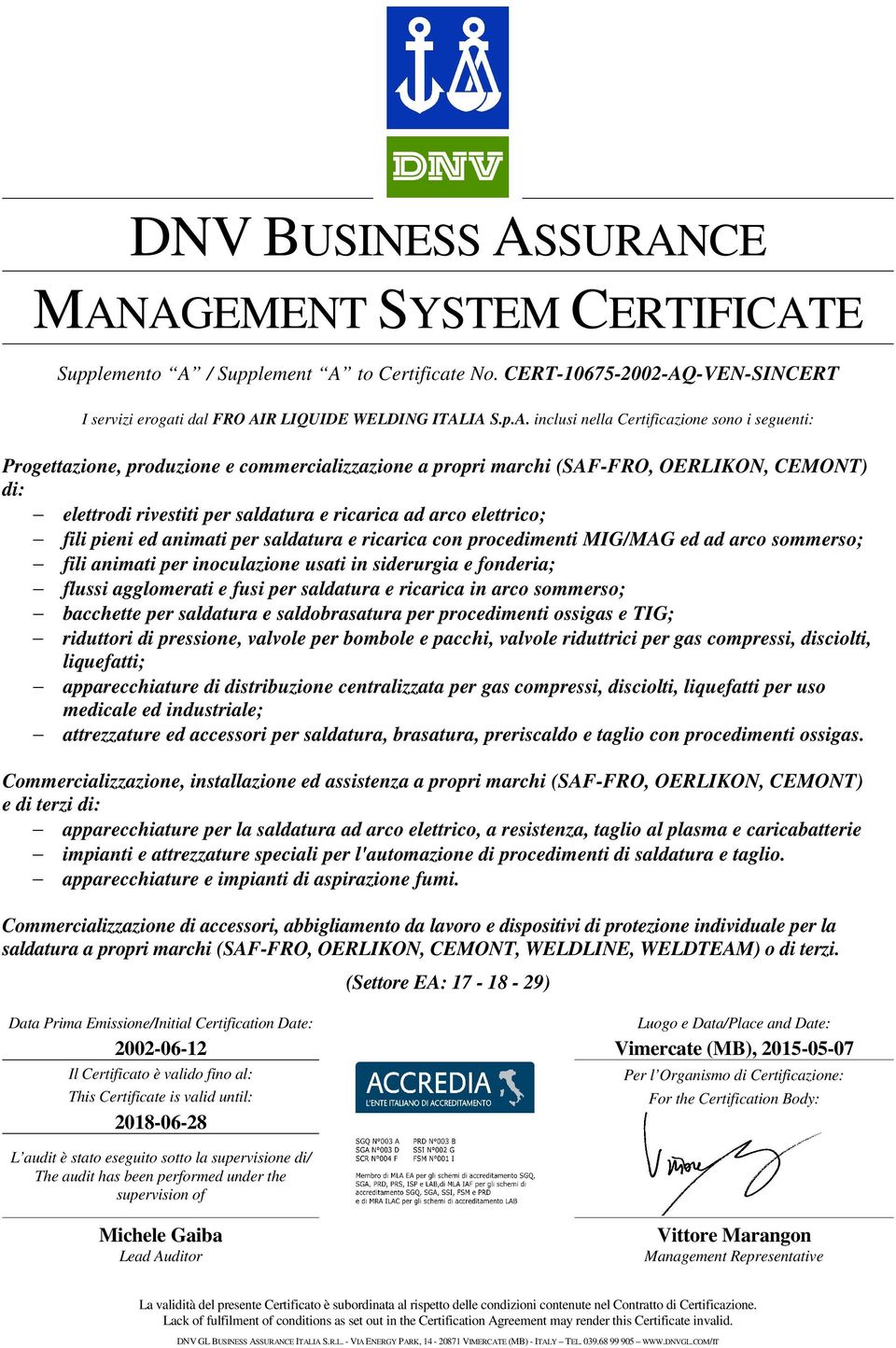 to Certificate No. CERT-10675-2002-AQ