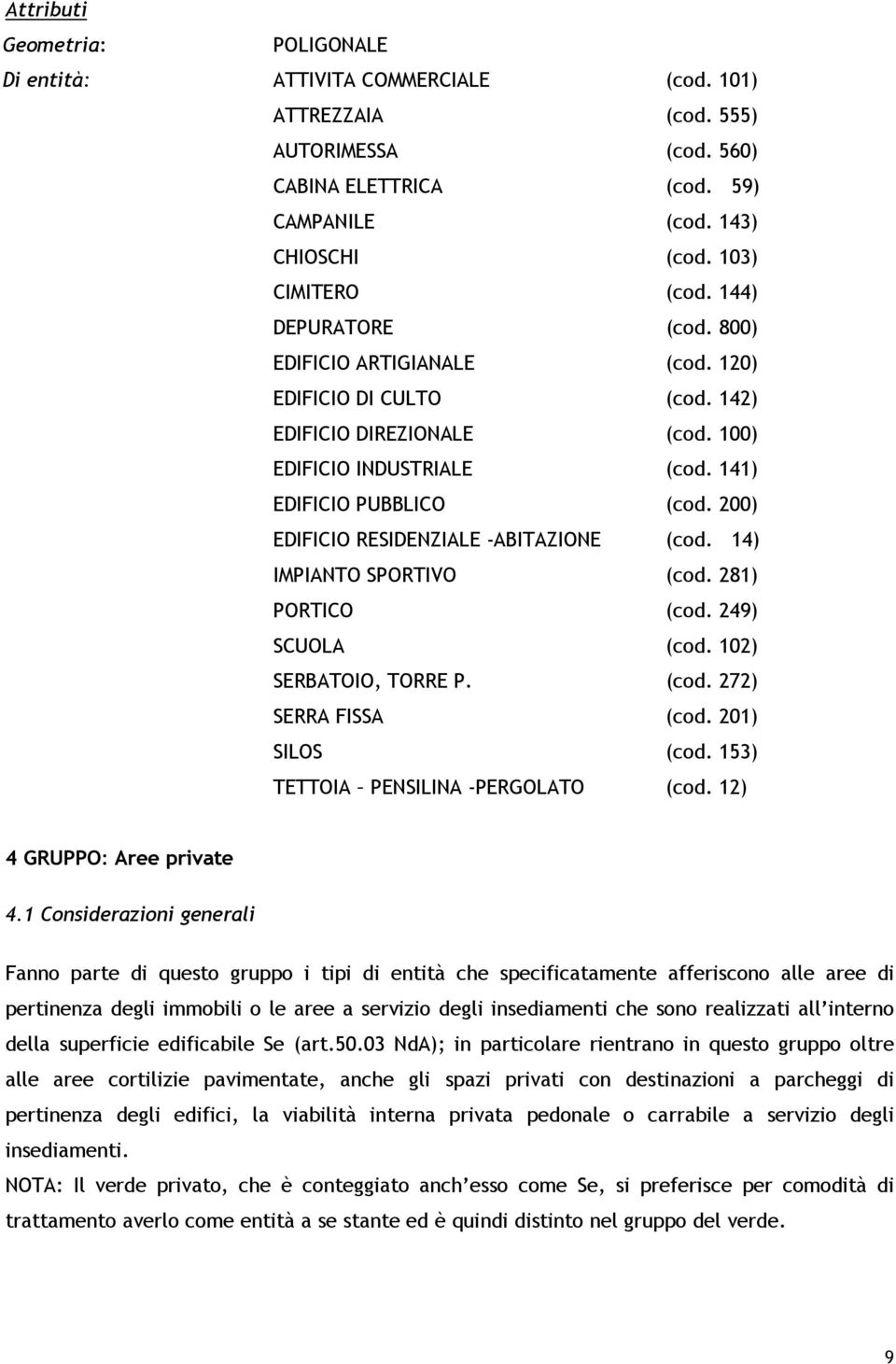 200) EDIFICIO RESIDENZIALE -ABITAZIONE (cod. 14) IMPIANTO SPORTIVO (cod. 281) PORTICO (cod. 249) SCUOLA (cod. 102) SERBATOIO, TORRE P. (cod. 272) SERRA FISSA (cod. 201) SILOS (cod.