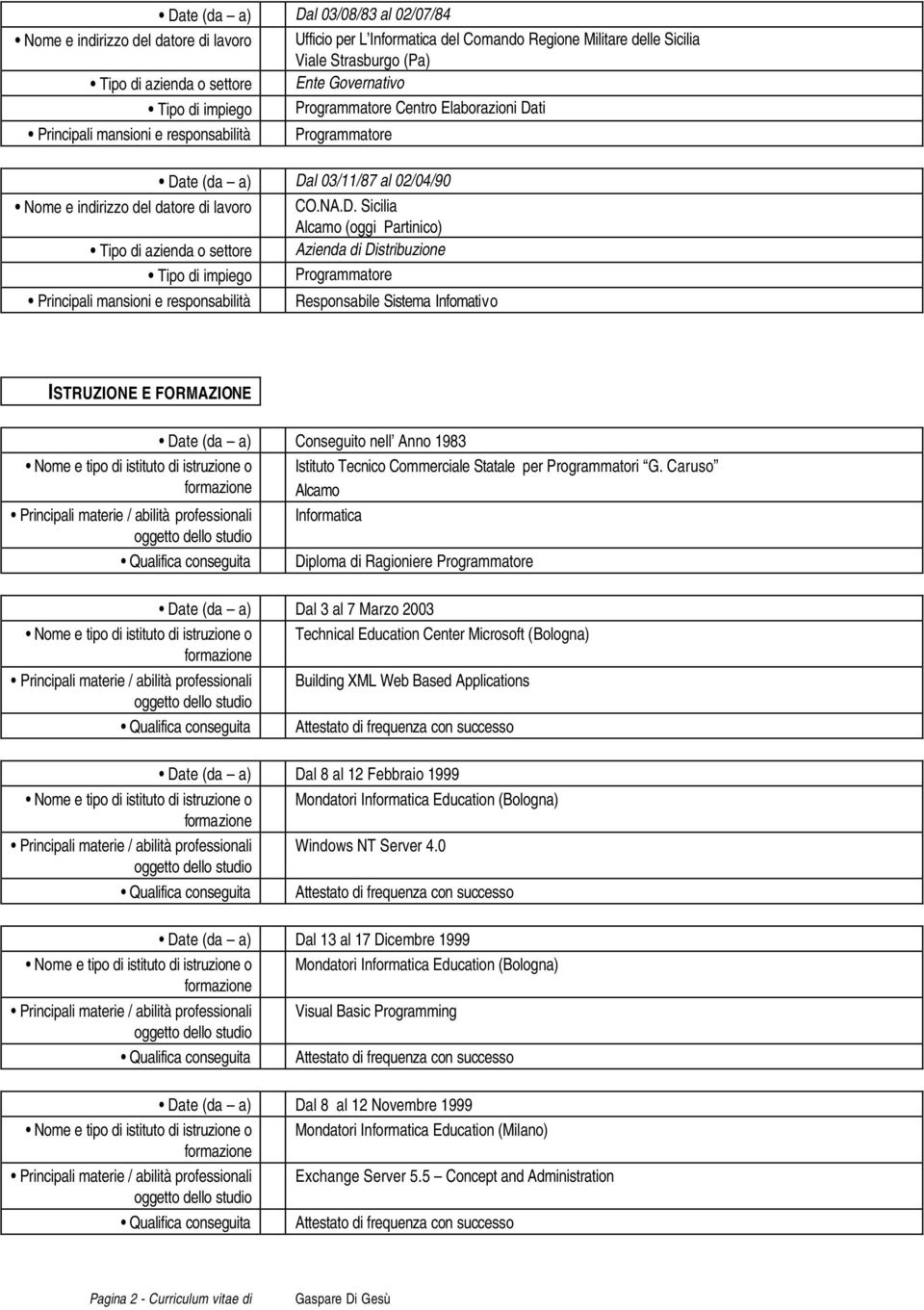 D. Sicilia Alcamo (oggi Partinico) Tipo di azienda o settore Azienda di Distribuzione Tipo di impiego Programmatore Principali mansioni e responsabilità Responsabile Sistema Infomativo ISTRUZIONE E