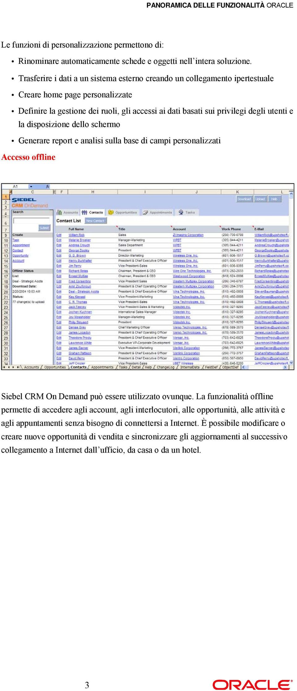 disposizione dello schermo Generare report e analisi sulla base di campi personalizzati Accesso offline Siebel CRM On Demand può essere utilizzato ovunque.