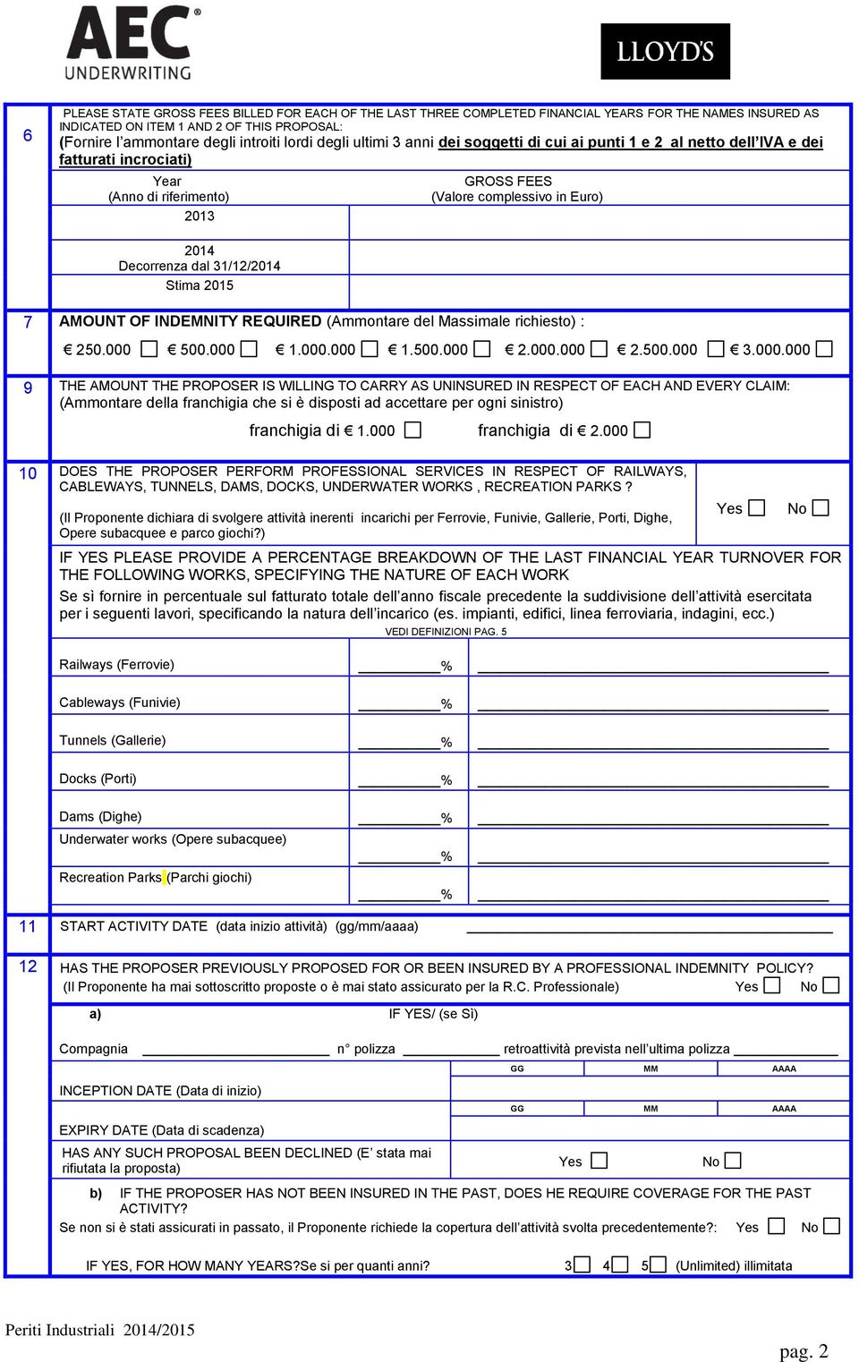 31/12/2014 Stima 2015 7 AMOUNT OF INDEMNITY REQUIRED (Ammontare del Massimale richiesto) : 250.000 