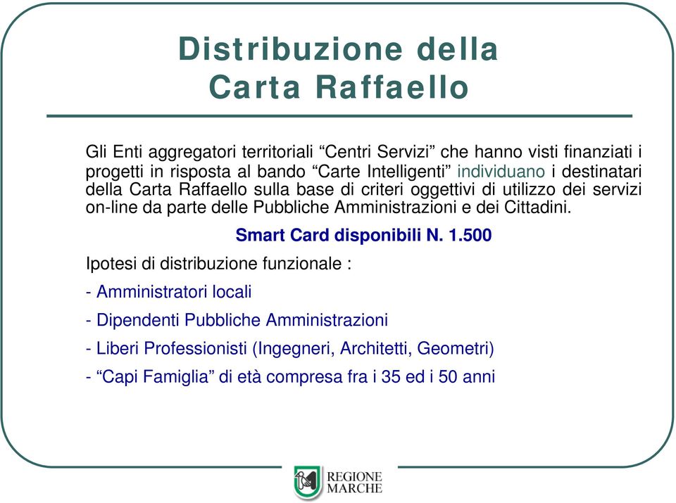 delle Pubbliche Amministrazioni e dei Cittadini. Ipotesi di distribuzione funzionale : - Amministratori locali Smart Card disponibili N. 1.