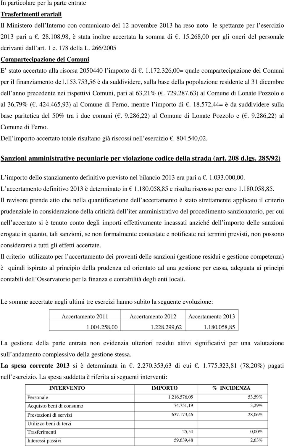 266/2005 Compartecipazione dei Comuni E stato accertato alla risorsa 2050440 l importo di. 1.172.326,00= quale compartecipazione dei Comuni per il finanziamento de1.153.