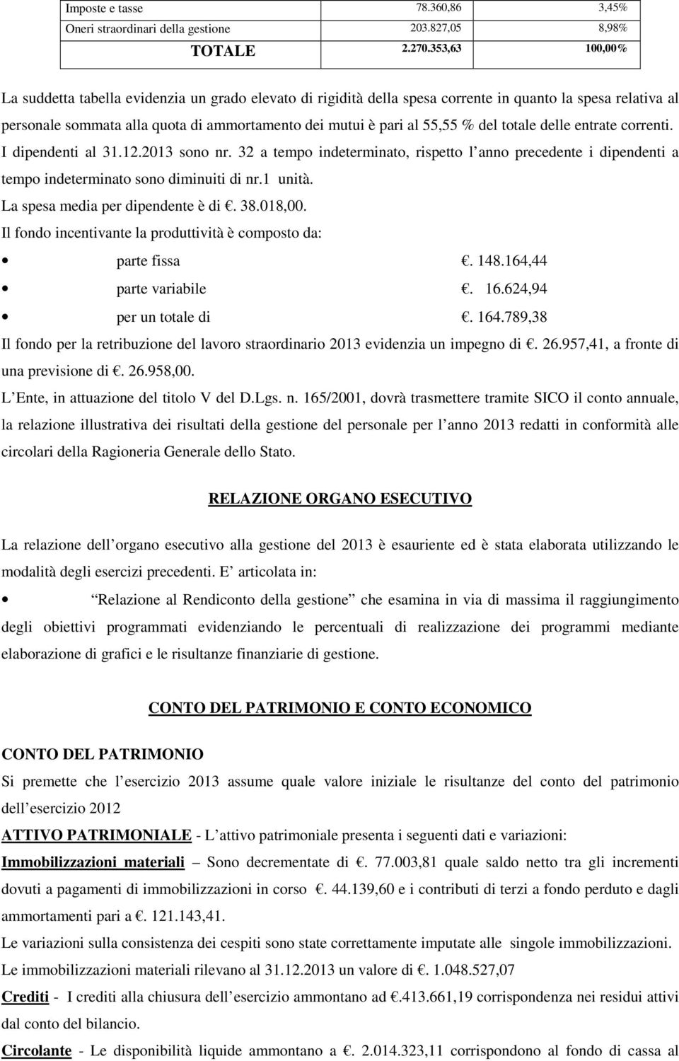 del totale delle entrate correnti. I dipendenti al 31.12.2013 sono nr. 32 a tempo indeterminato, rispetto l anno precedente i dipendenti a tempo indeterminato sono diminuiti di nr.1 unità.