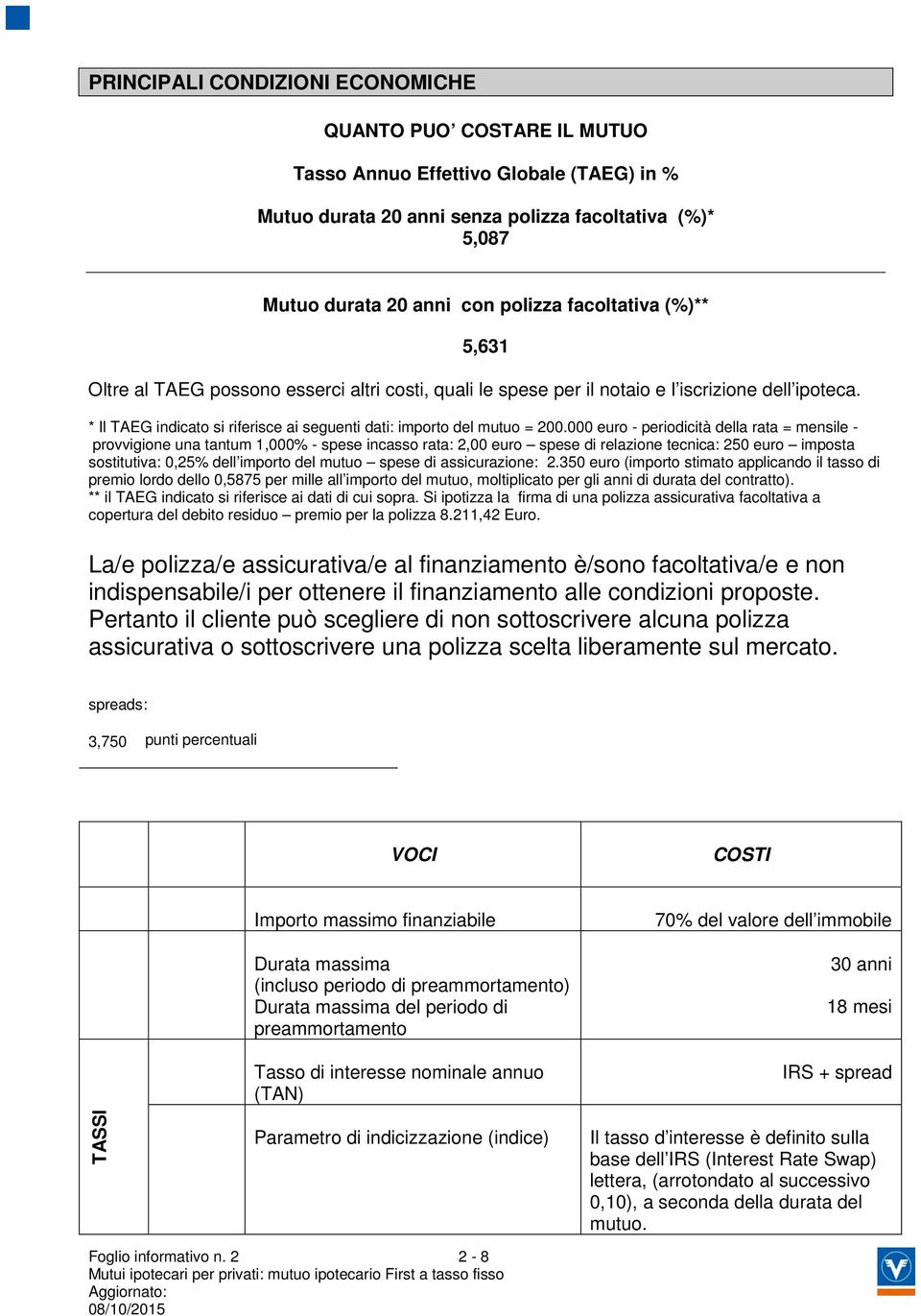 000 euro - periodicità della rata = mensile - provvigione una tantum 1,000% - spese incasso rata: 2,00 euro spese di relazione tecnica: 250 euro imposta sostitutiva: 0,25% dell importo del mutuo