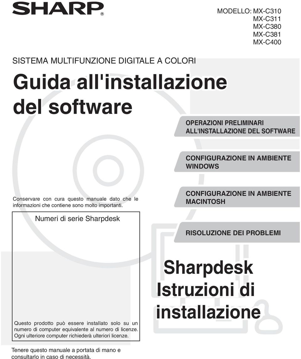 CONFIGURAZIONE IN AMBIENTE MACINTOSH Numeri di serie Sharpdesk RISOLUZIONE DEI PROBLEMI Questo prodotto può essere installato solo su un numero di computer