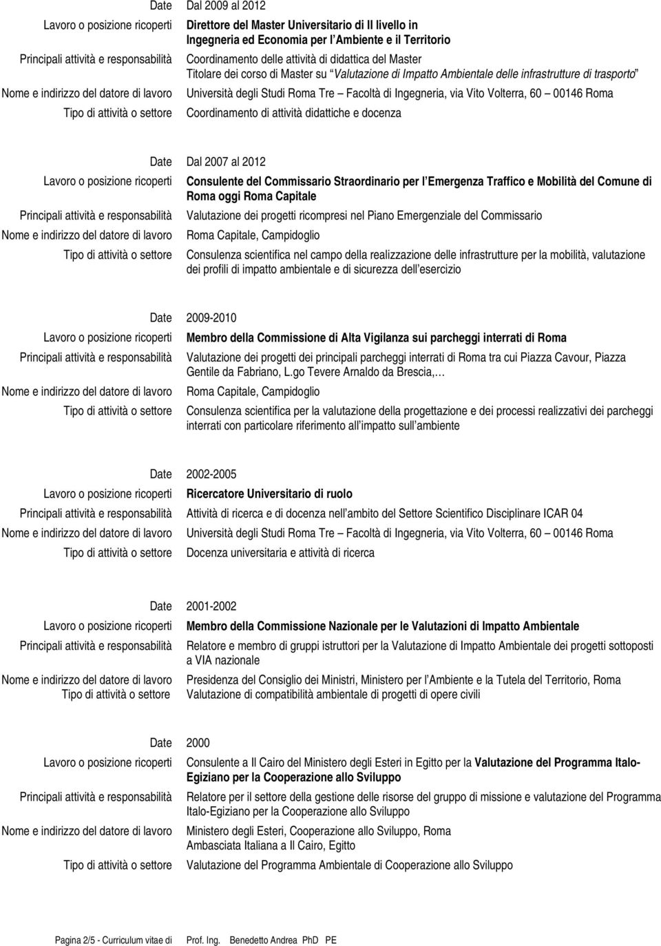 Università degli Studi Roma Tre Facoltà di Ingegneria, via Vito Volterra, 60 00146 Roma Tipo di attività o settore Coordinamento di attività didattiche e docenza Date Dal 2007 al 2012 Lavoro o