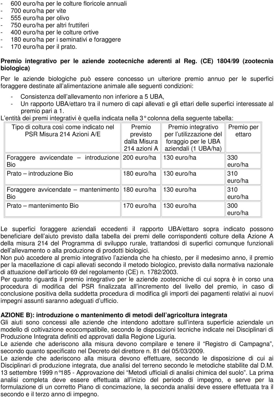 (CE) 1804/99 (zootecnia biologica) Per le aziende biologiche può essere concesso un ulteriore premio annuo per le superfici foraggere destinate all alimentazione animale alle seguenti condizioni: -