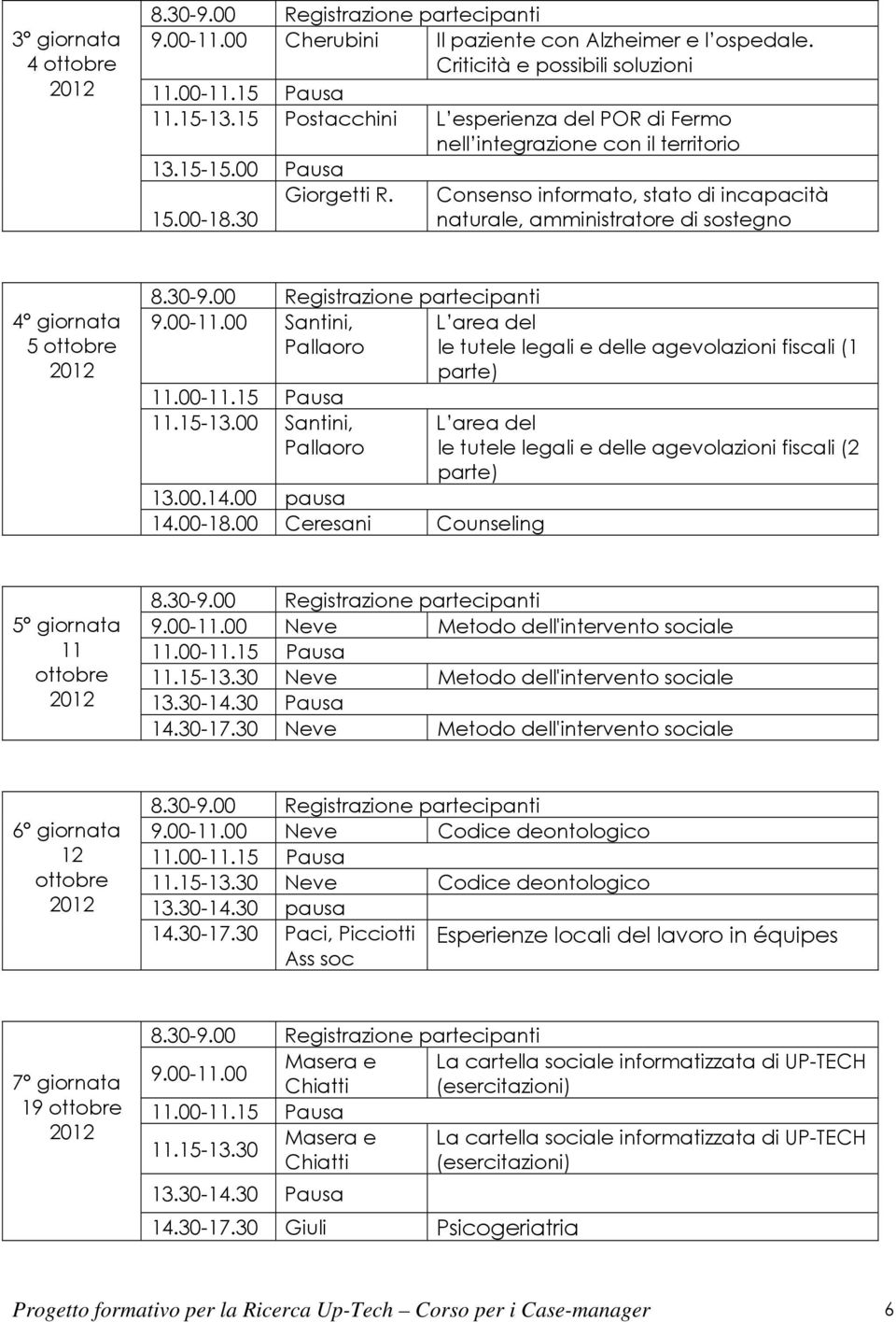 30 naturale, amministratore di sostegno 4 giornata 5 ottobre 9.00-11.00 Santini, Pallaoro L area del le tutele legali e delle agevolazioni fiscali (1 parte) 11.15-13.00 Santini, Pallaoro 13.00.14.