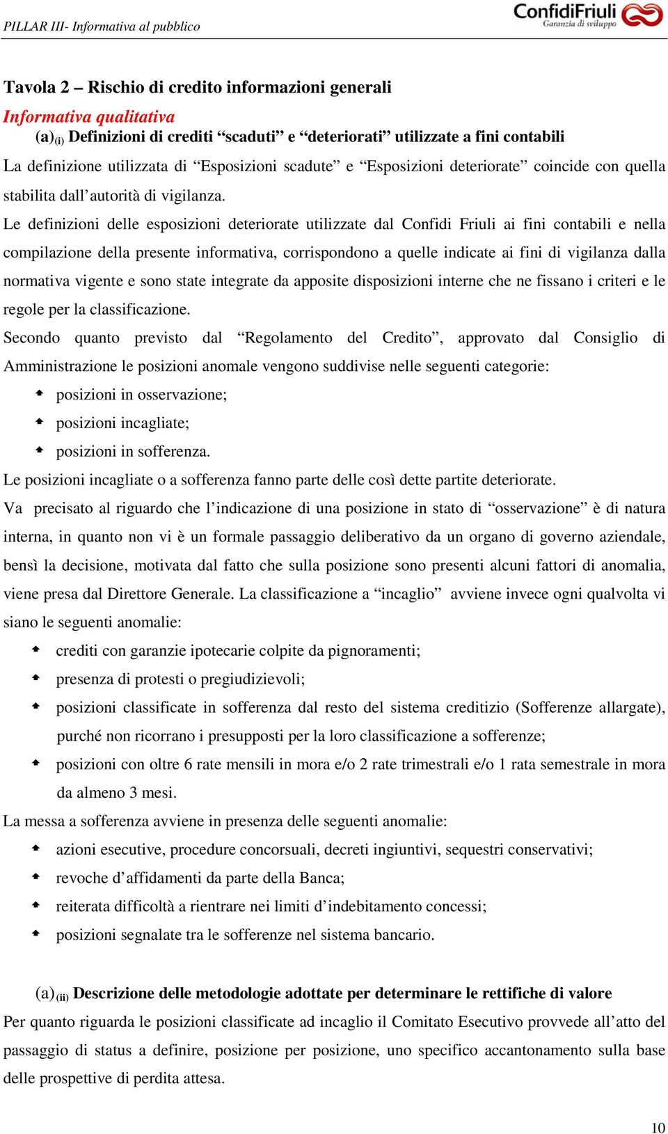 Le definizioni delle esposizioni deteriorate utilizzate dal Confidi Friuli ai fini contabili e nella compilazione della presente informativa, corrispondono a quelle indicate ai fini di vigilanza