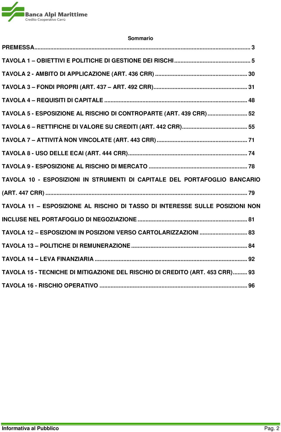 .. 55 TAVOLA 7 ATTIVITÀ NON VINCOLATE (ART. 443 CRR)... 71 TAVOLA 8 - USO DELLE ECAI (ART. 444 CRR)... 74 TAVOLA 9 - ESPOSIZIONE AL RISCHIO DI MERCATO.