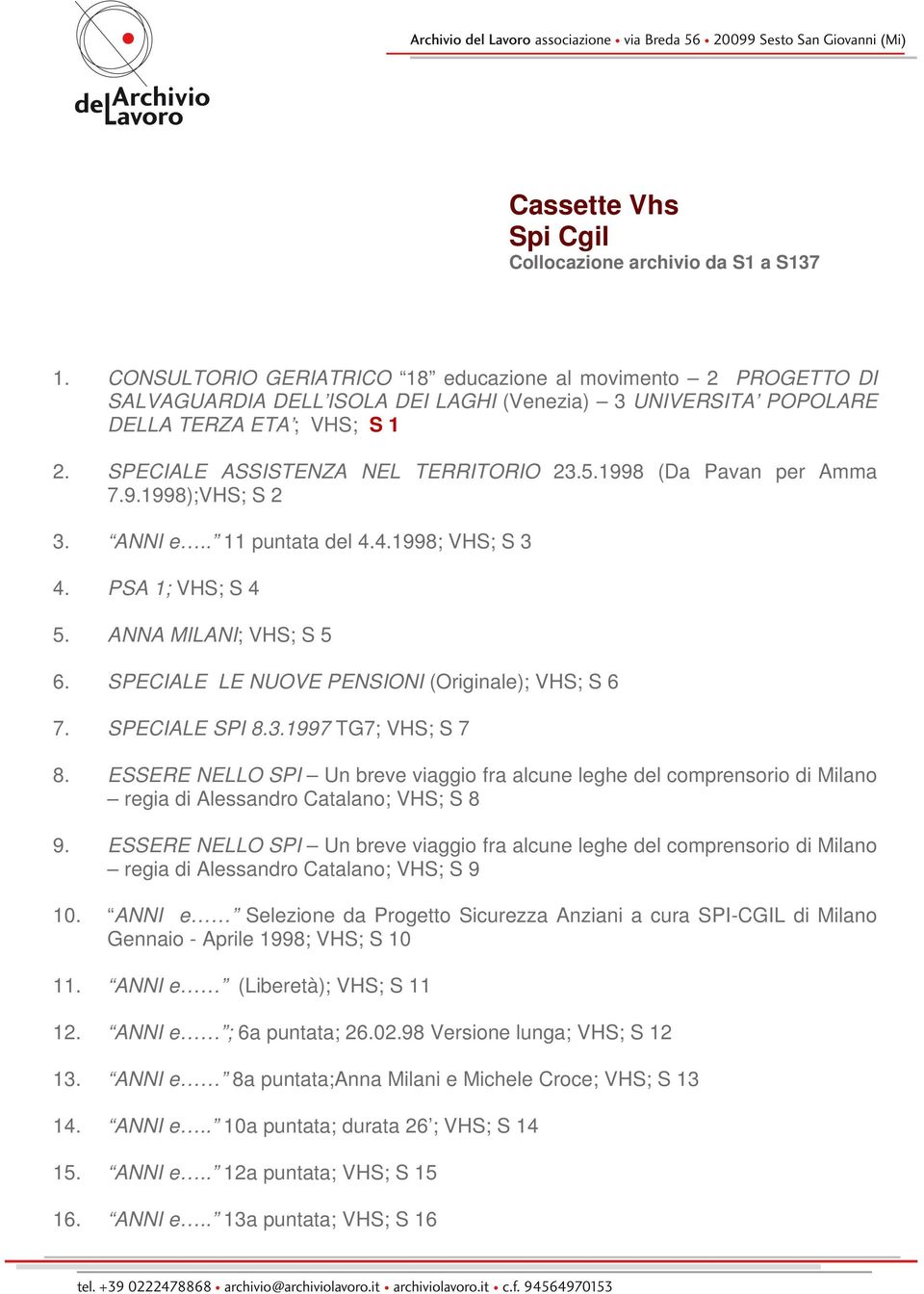 1998 (Da Pavan per Amma 7.9.1998);VHS; S 2 3. ANNI e.. 11 puntata del 4.4.1998; VHS; S 3 4. PSA 1; VHS; S 4 5. ANNA MILANI; VHS; S 5 6. SPECIALE LE NUOVE PENSIONI (Originale); VHS; S 6 7.