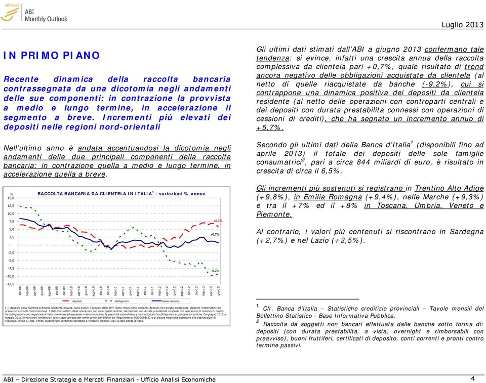 Incrementi più elevati dei depositi nelle regioni nord-orientali Nell ultimo anno è andata accentuandosi la dicotomia negli andamenti delle due principali componenti della raccolta bancaria: in