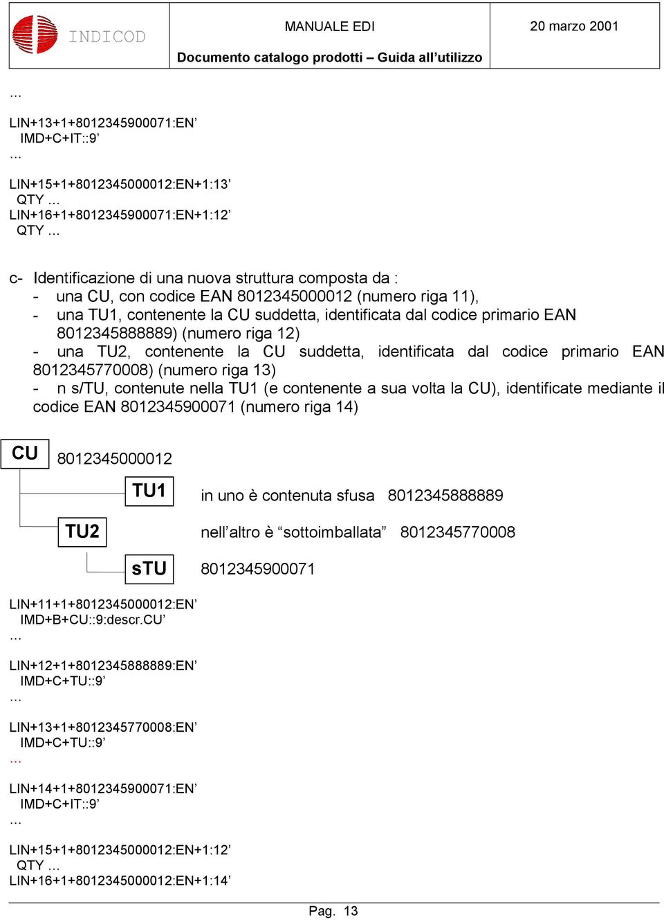 la CU suddetta, identificata dal codice primario EAN 8012345770008) (numero riga 13) - n s/tu, contenute nella TU1 (e contenente a sua volta la CU), identificate mediante il codice EAN 8012345900071