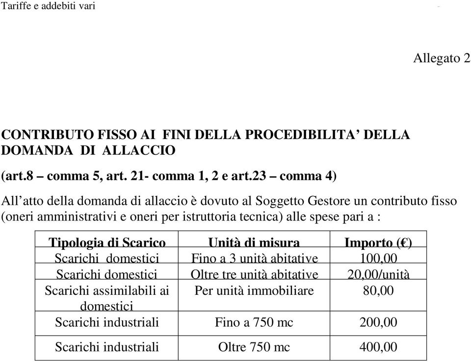 tecnica) alle spese pari a : Tipologia di Scarico Unità di misura Importo ( ) Scarichi domestici Fino a 3 unità abitative 100,00 Scarichi domestici