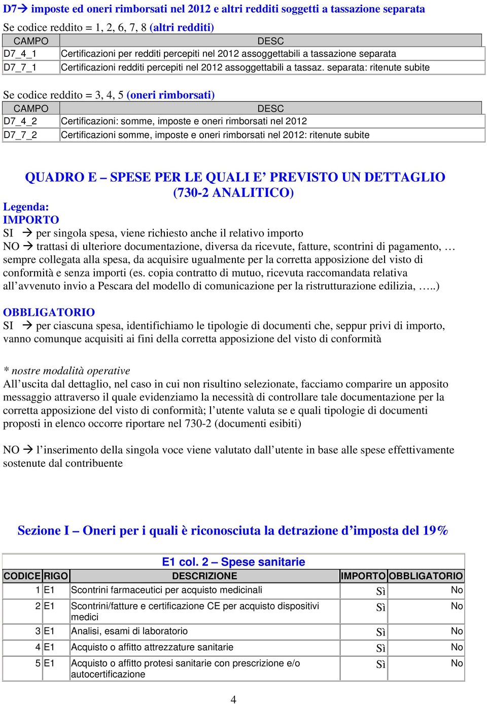 separata: ritenute subite Se codice reddito = 3, 4, 5 (oneri rimborsati) D7_4_2 Certificazioni: somme, imposte e oneri rimborsati nel 2012 D7_7_2 Certificazioni somme, imposte e oneri rimborsati nel