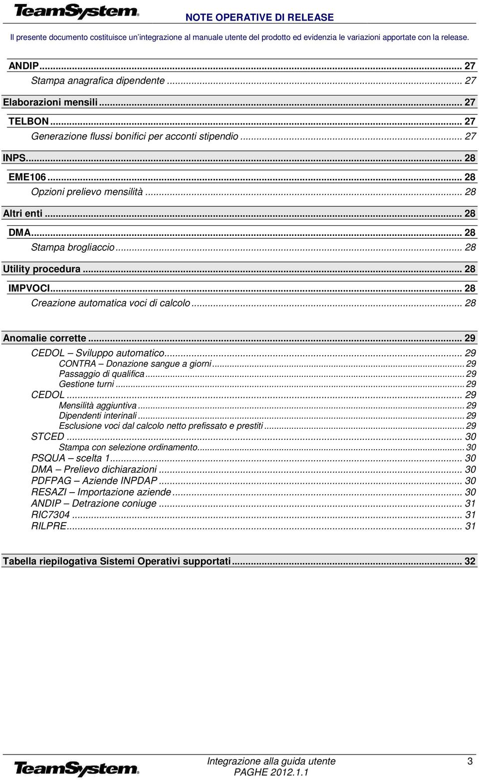 .. 28 Stampa brogliaccio... 28 Utility procedura... 28 IMPVOCI... 28 Creazione automatica voci di calcolo... 28 Anomalie corrette... 29 CEDOL Sviluppo automatico... 29 CONTRA Donazione sangue a giorni.