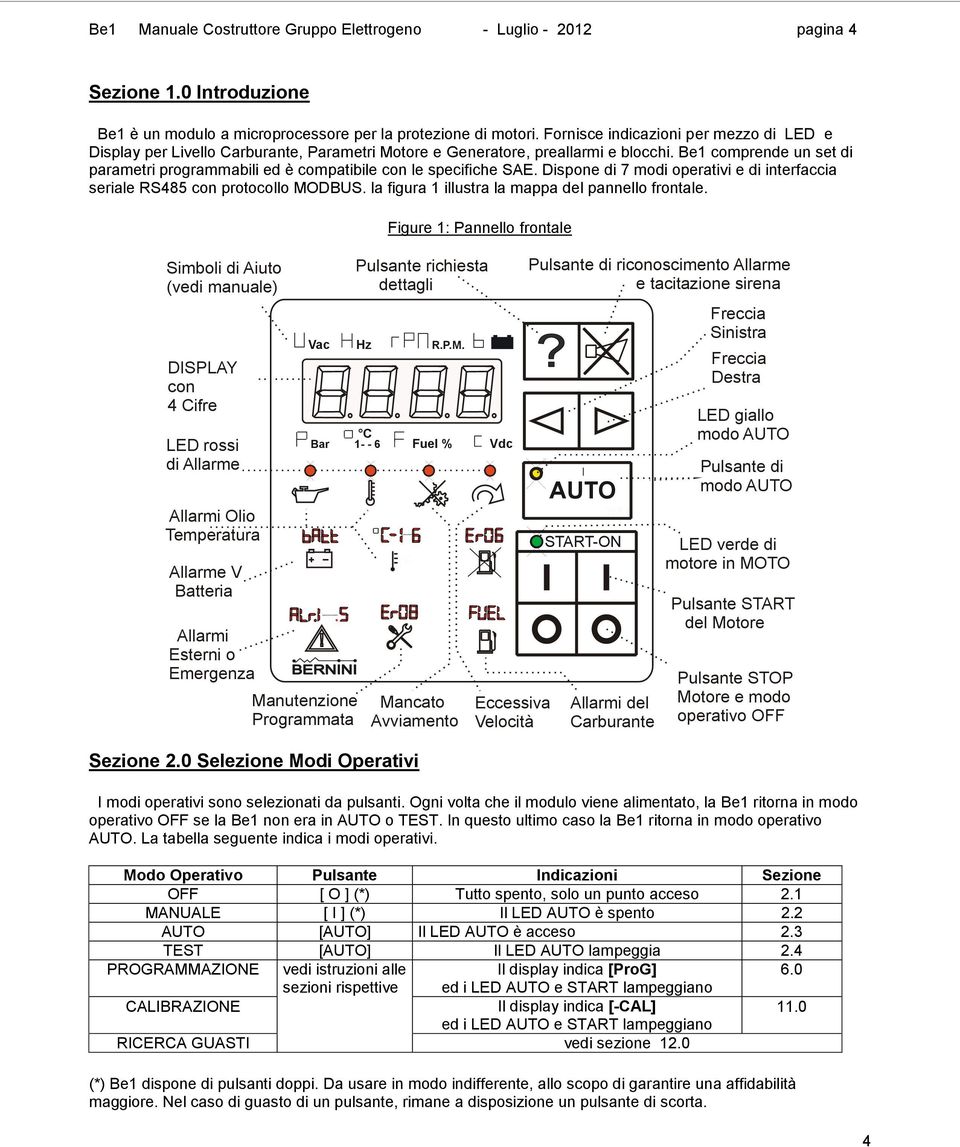 Be1 comprende un set di parametri programmabili ed è compatibile con le specifiche SAE. Dispone di 7 modi operativi e di interfaccia seriale RS485 con protocollo MODBUS.