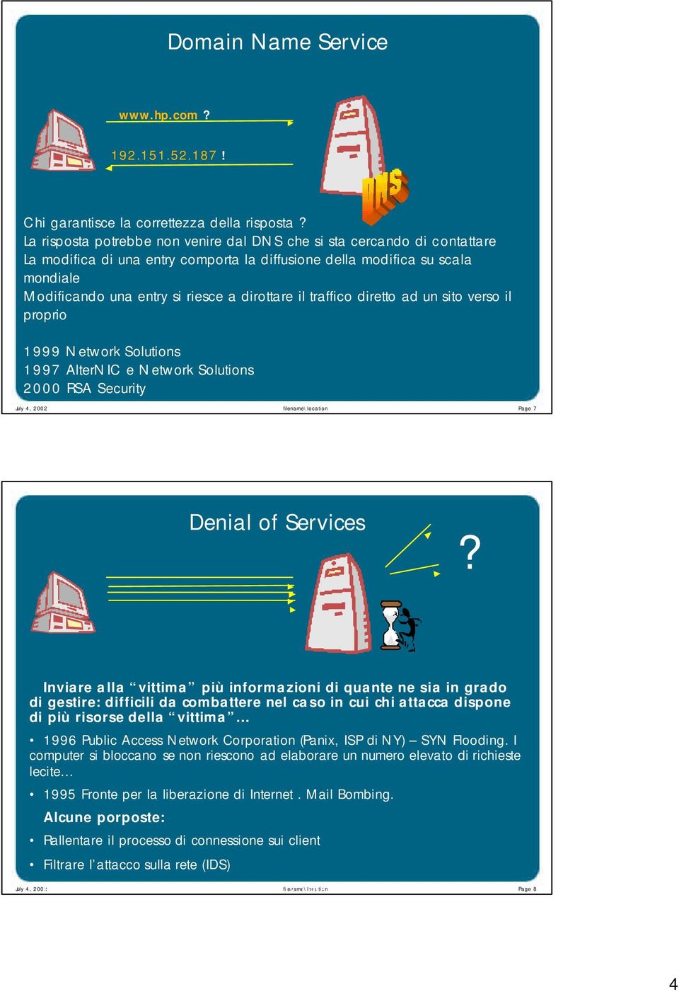 il traffico diretto ad un sito verso il proprio 1999 Network Solutions 1997 AlterNIC e Network Solutions 2000 RSA Security filename\location Page 7 Denial of Services?