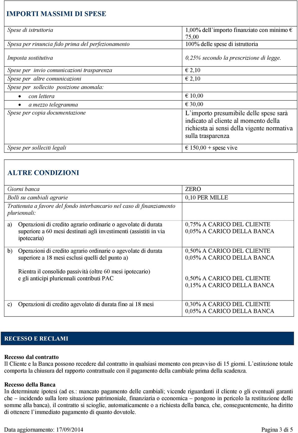 Spese per invio comunicazioni trasparenza 2,10 Spese per altre comunicazioni 2,10 Spese per sollecito posizione anomala: con lettera 10,00 a mezzo telegramma 30,00 Spese per copia documentazione L