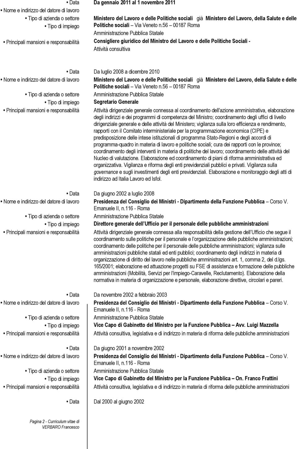 56 00187 Rma Amministrazine Pubblica Statale Cnsigliere giuridic del Ministr del Lavr e delle Plitiche Sciali - Attività cnsultiva Data Da lugli 2008 a dicembre 2010 Nme e indirizz del datre di lavr