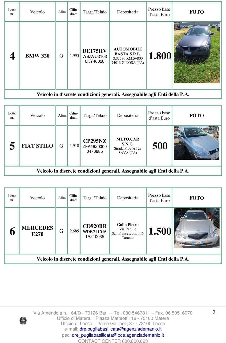 TO.CAR S.N.C. Strada Prov.le 129 SAVA (TA) 500 6 MERCEDES E270 G 2.