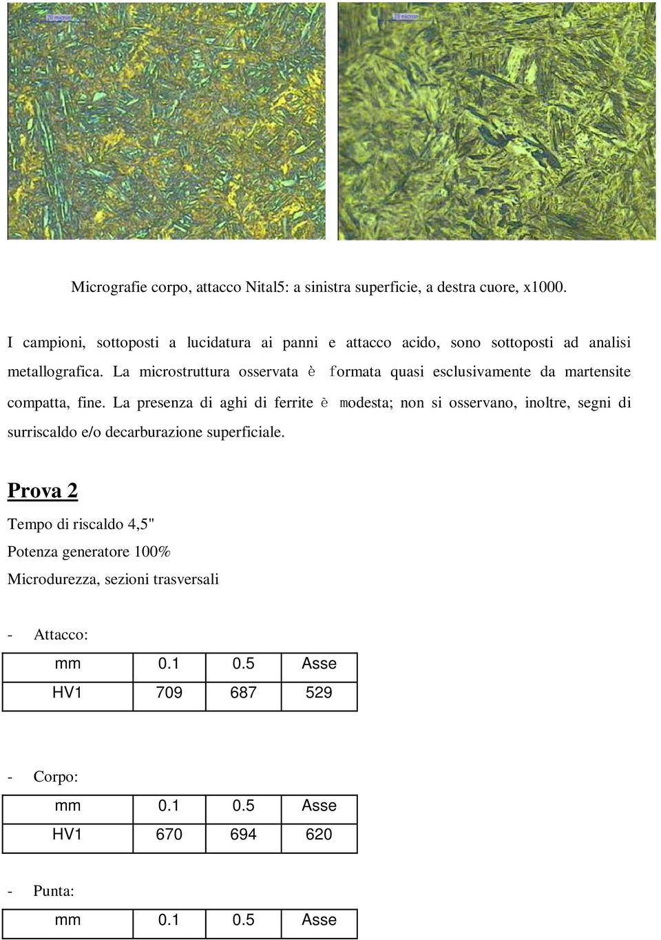 La microstruttura osservata è formata quasi esclusivamente da martensite compatta, fine.