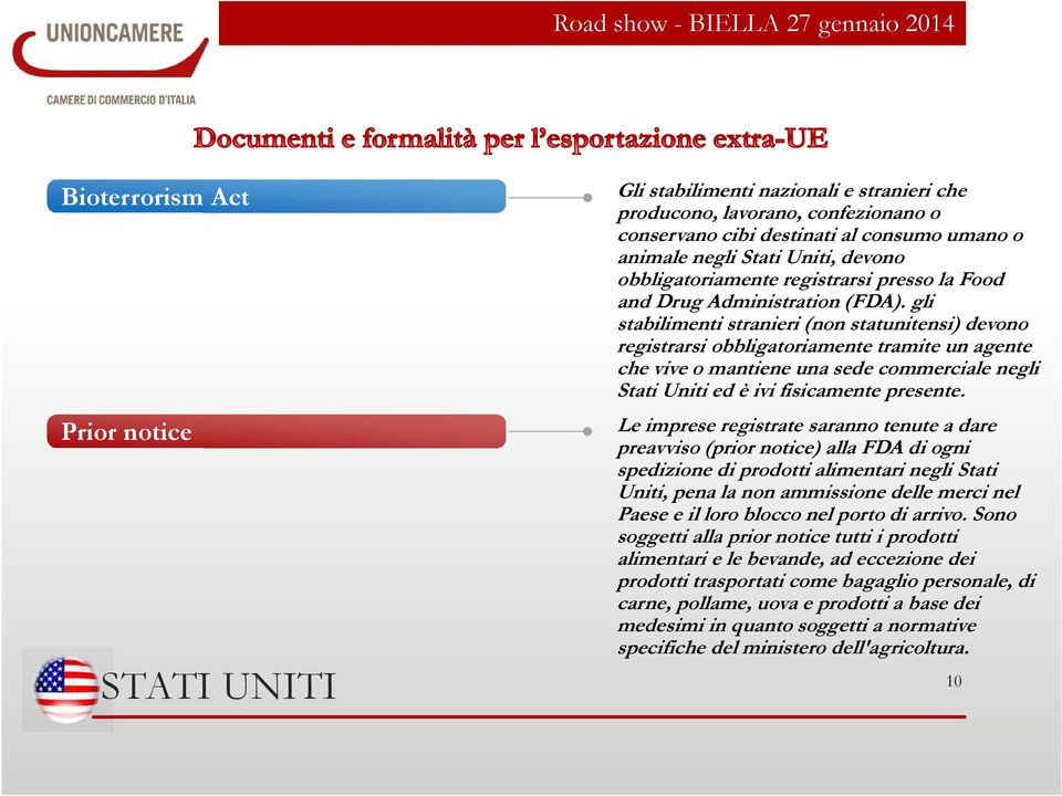 gli stabilimenti stranieri (non statunitensi) devono registrarsi obbligatoriamente tramite un agente che vive o mantiene una sede commerciale negli Stati Uniti ed è ivi fisicamente presente.