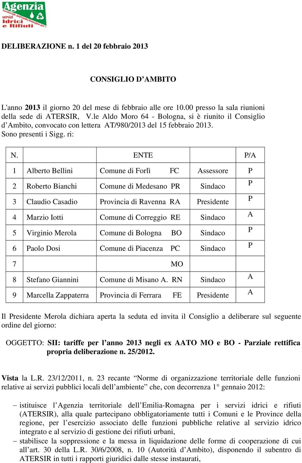 ENTE / 1 lberto Bellini Comune di Forlì FC ssessore 2 Roberto Bianchi Comune di Medesano R Sindaco 3 Claudio Casadio rovincia di Ravenna R residente 4 Marzio Iotti Comune di Correggio RE Sindaco 5