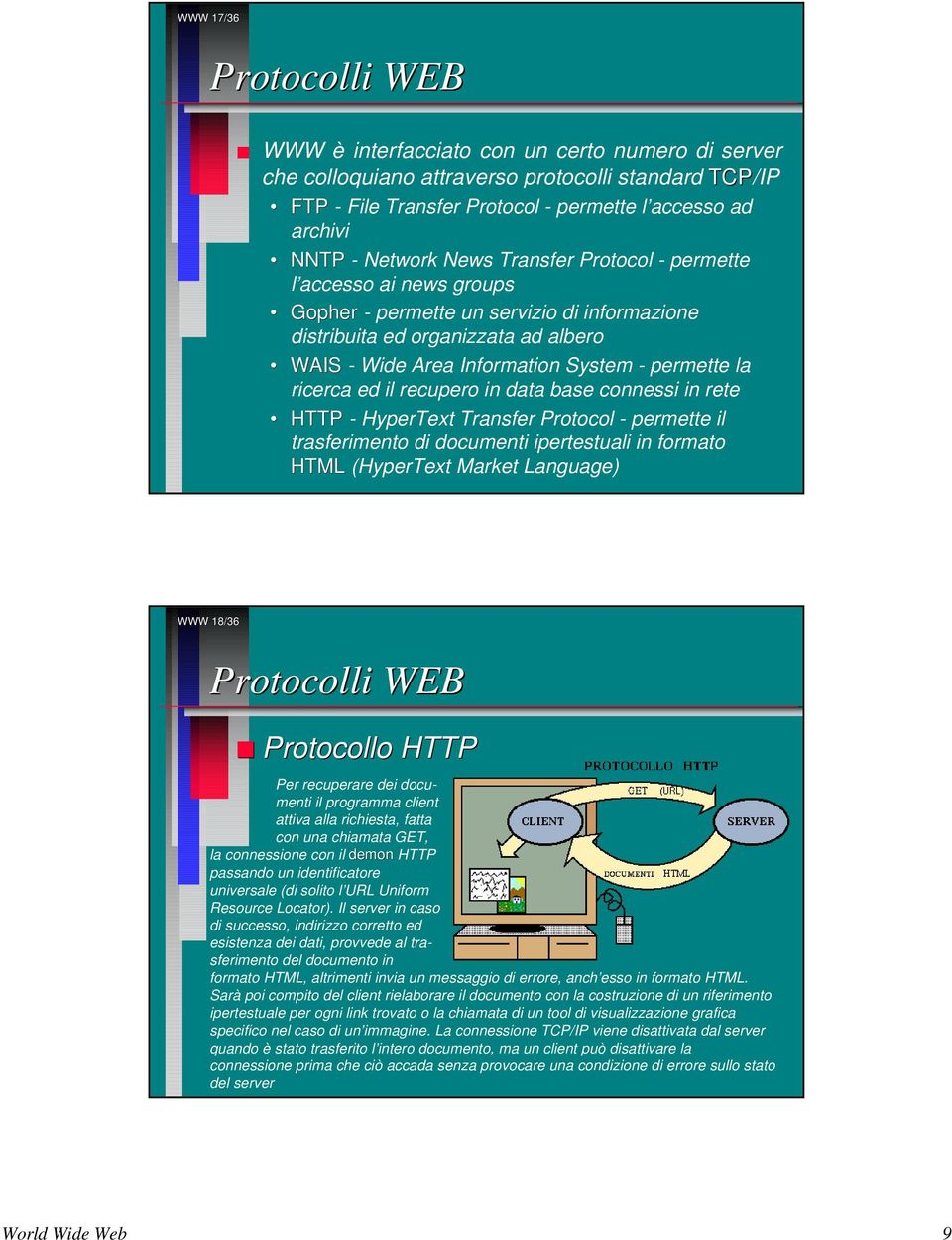 ricerca ed il recupero in data base connessi in rete HTTP - HyperText Transfer Protocol - permette il trasferimento di documenti ipertestuali in formato HTML (HyperText Market Language) WWW 18/36