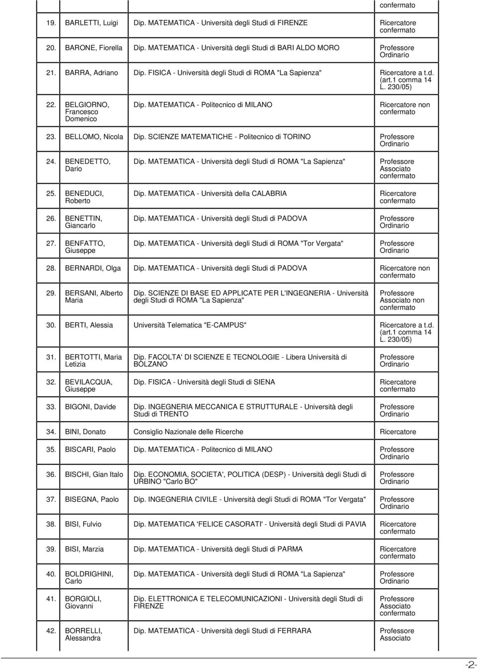 SCIENZE MATEMATICHE - Politecnico di TORINO 24. BENEDETTO, Dario 25. BENEDUCI, Roberto 26. BENETTIN, Giancarlo 27. BENFATTO, Dip. MATEMATICA - Università degli Studi di ROMA "La Sapienza" Dip.