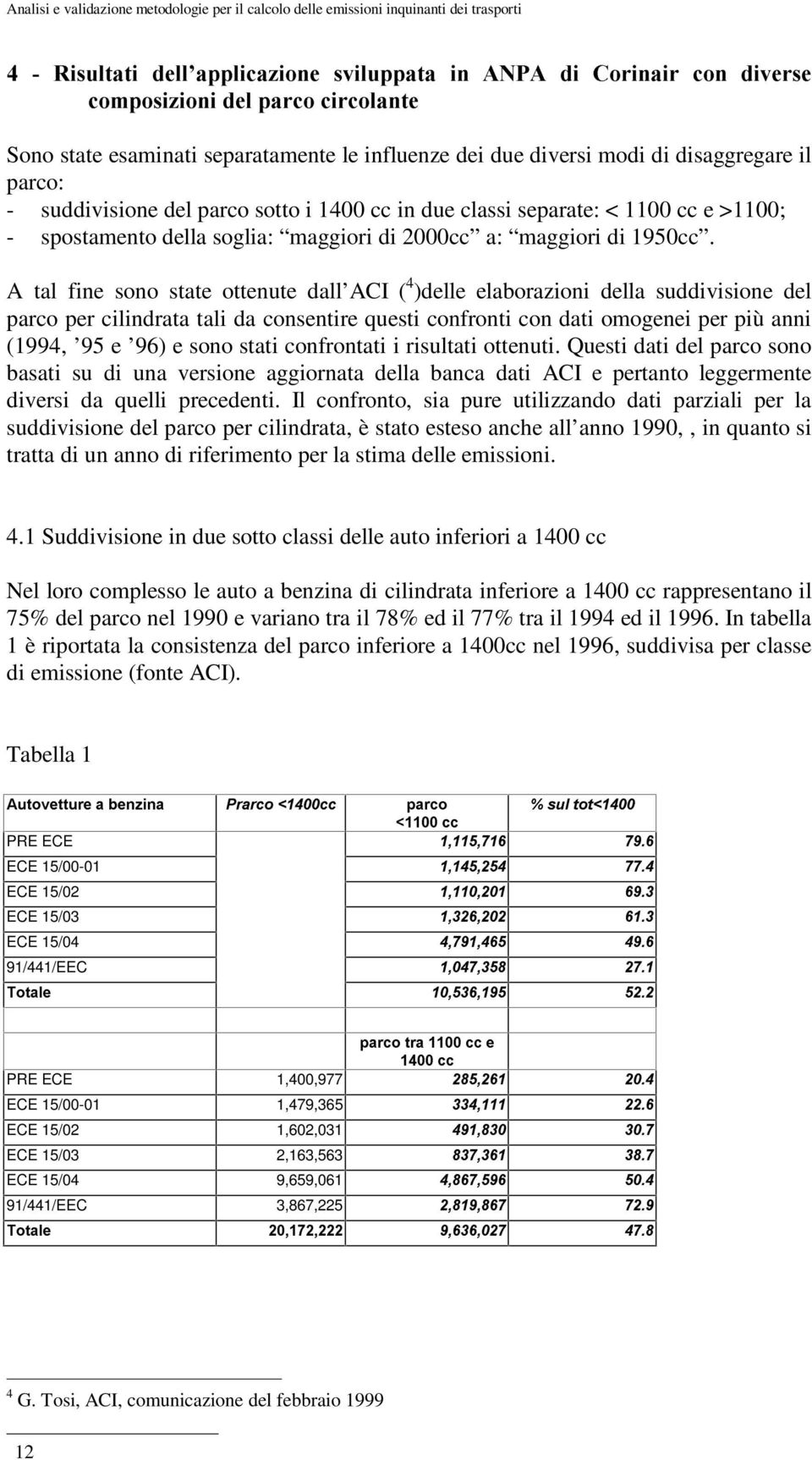 A tal fine sono state ottenute dall ACI ( 4 )delle elaborazioni della suddivisione del parco per cilindrata tali da consentire questi confronti con dati omogenei per più anni (1994, 95 e 96) e sono