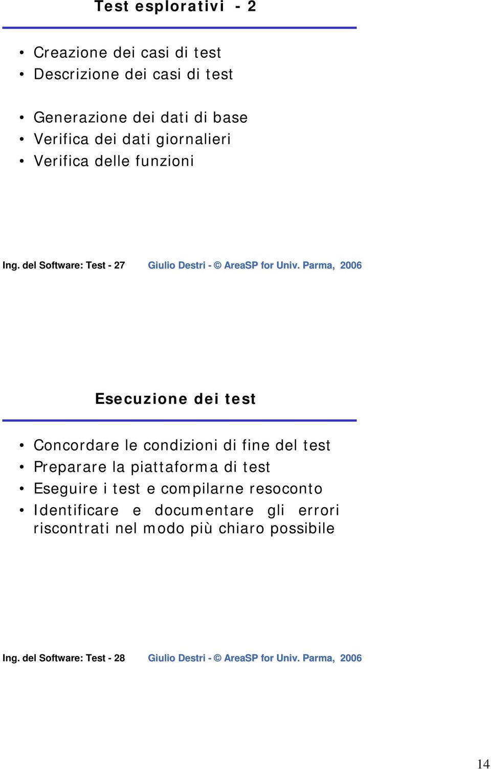 del Software: Test - 27 Esecuzione dei test Concordare le condizioni di fine del test Preparare la