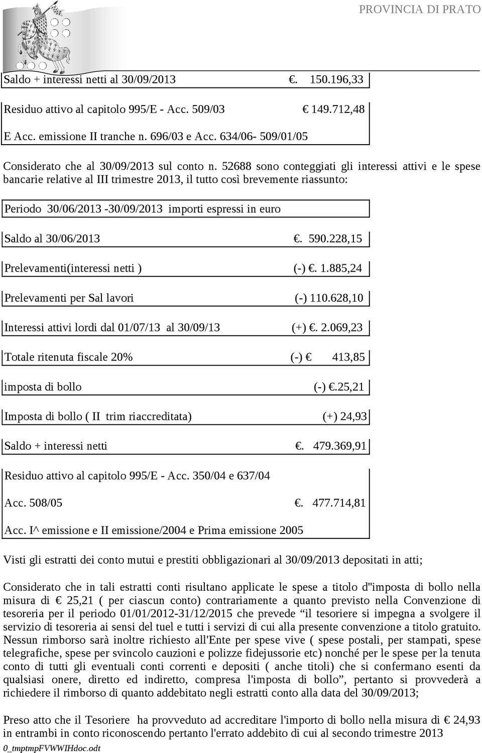 52688 sono conteggiati gli interessi attivi e le spese bancarie relative al III trimestre 2013, il tutto così brevemente riassunto: Periodo 30/06/2013-30/09/2013 importi espressi in euro Saldo al