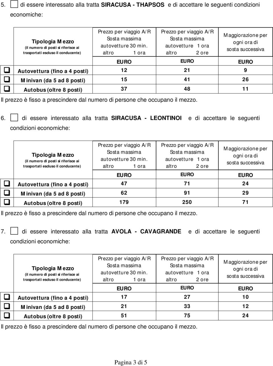 di essere interessato alla tratta SIRACUSA - LEONTINOI e di accettare le seguenti Autovettura (fino a 4 posti) 47 71 24 Minivan (da 5 ad 8 posti) 62 91