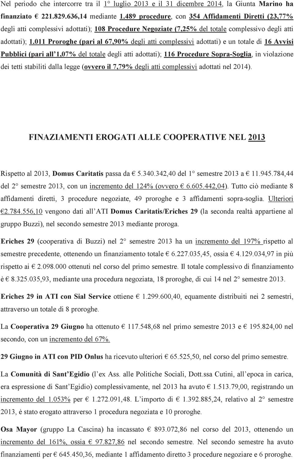 011 Proroghe (pari al 67,90% degli atti complessivi adottati) e un totale di 16 Avvisi Pubblici (pari all 1,07% del totale degli atti adottati); 116 Procedure Sopra-Soglia, in violazione dei tetti