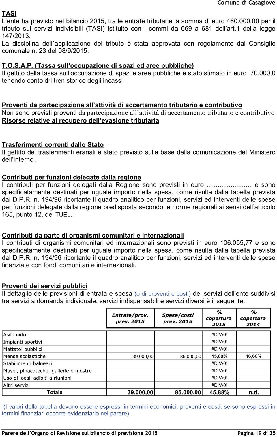 (Tassa sull occupazione di spazi ed aree pubbliche) Il gettito della tassa sull occupazione di spazi e aree pubbliche è stato stimato in euro 70.