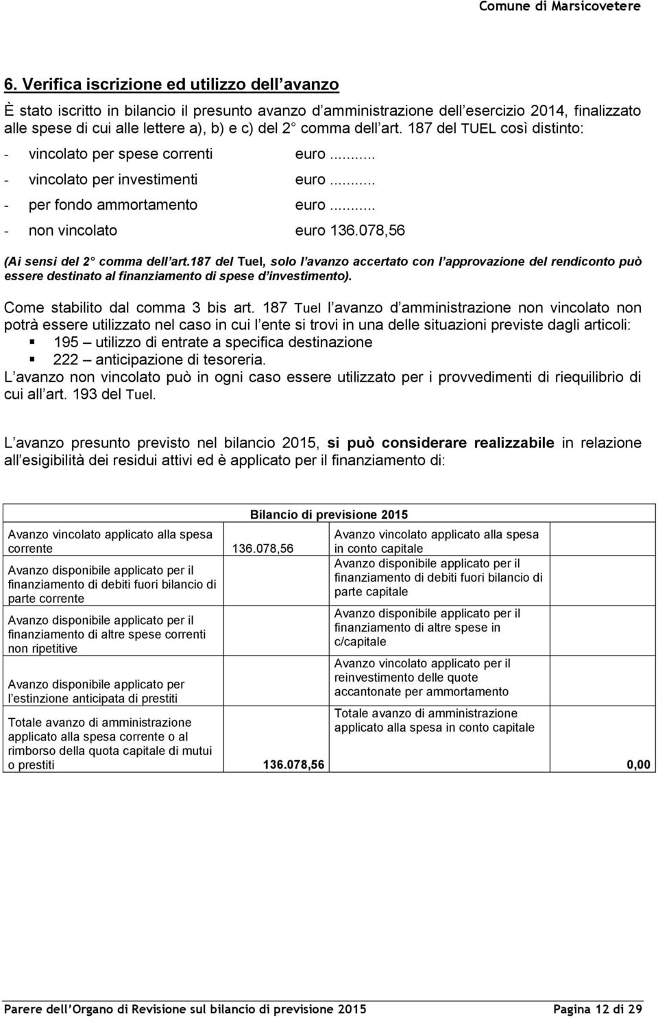 078,56 (Ai sensi del 2 comma dell art.187 del Tuel, solo l avanzo accertato con l approvazione del rendiconto può essere destinato al finanziamento di spese d investimento).