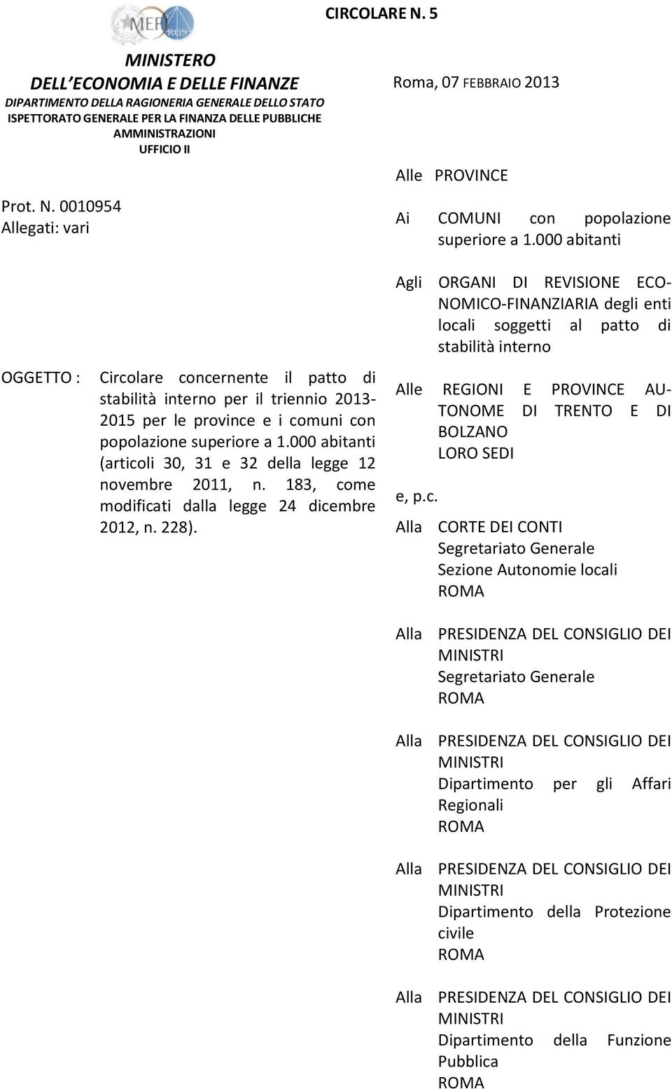 000 abitanti (articoli 30, 31 e 32 della legge 12 novembre 2011, n. 183, come modificati dalla legge 24 dicembre 2012, n. 228).